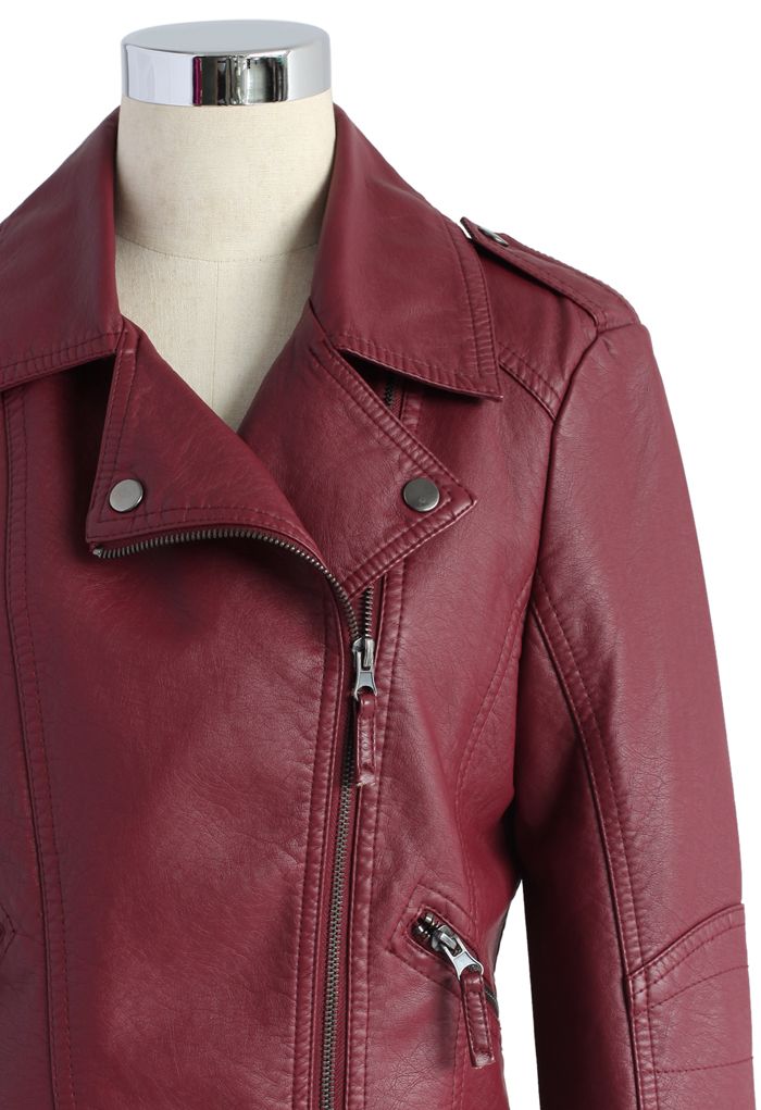 Chic et Mode Veste de motard en Faux Cuir Rouge Vineux