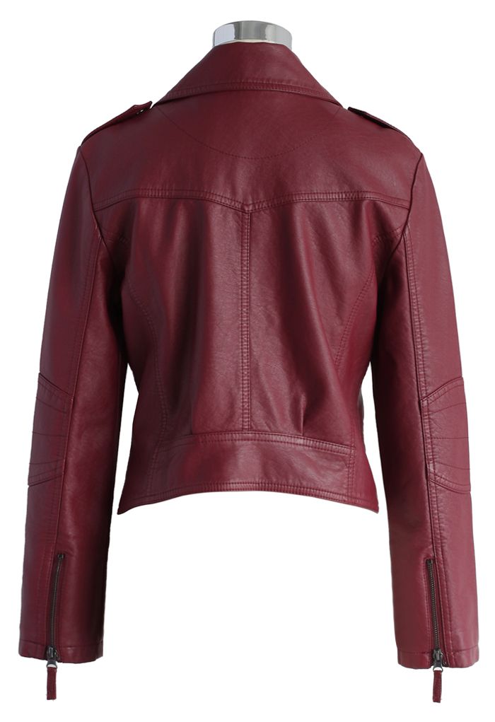 Chic et Mode Veste de motard en Faux Cuir Rouge Vineux