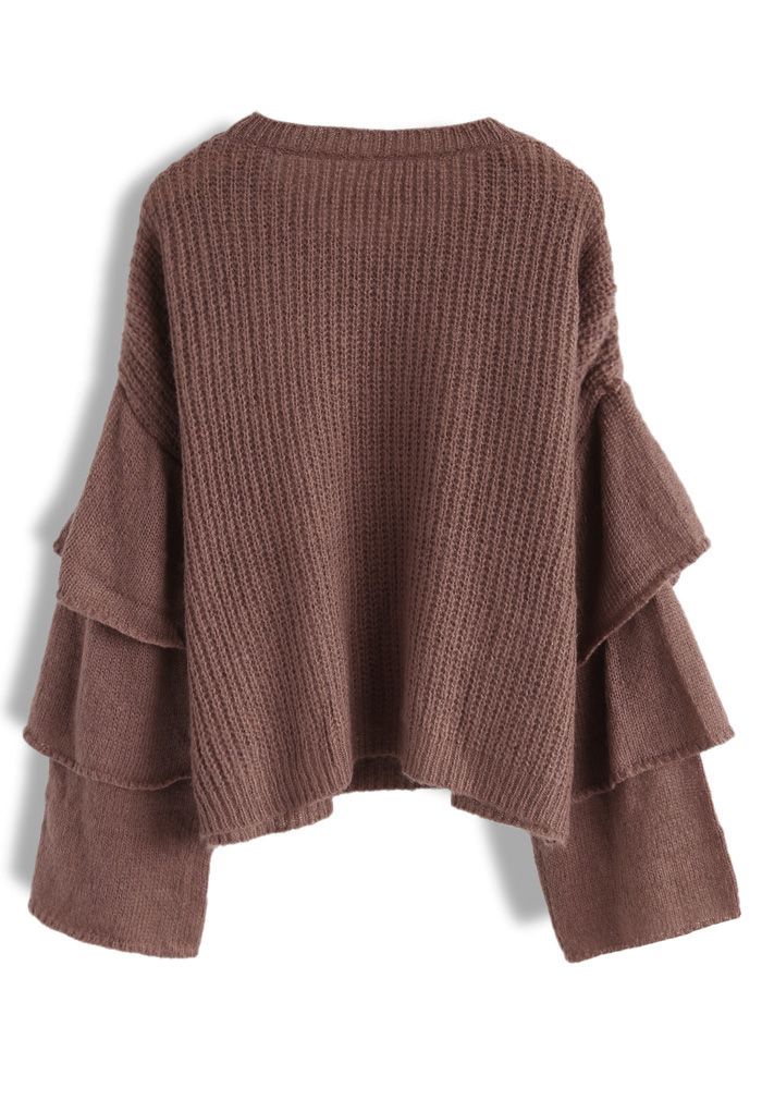 Pull en tricot à la douceur dramatique avec manches à clochettes étagées en brun