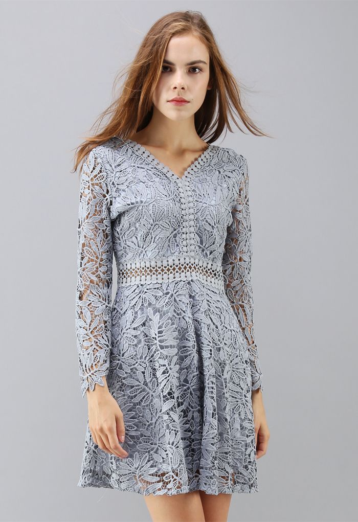 Turn A New Leaf Full Crochet Dress in Dusty Blue