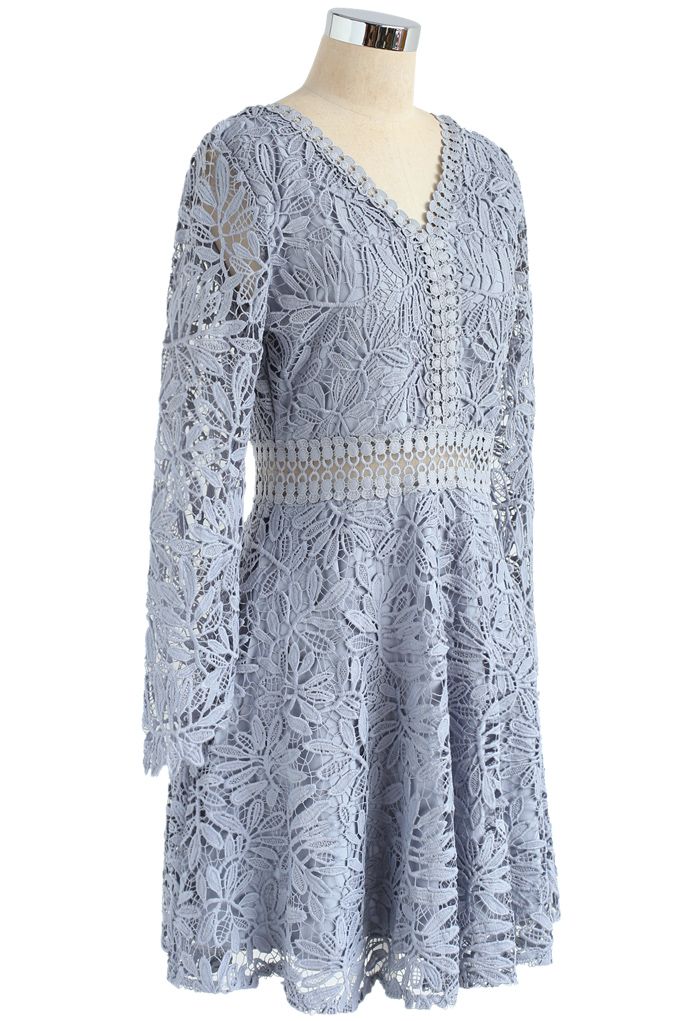 Turn A New Leaf Full Crochet Dress in Dusty Blue