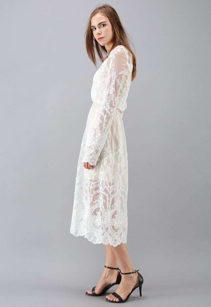 The Joy of Embroidery Mesh Midi Dress in White