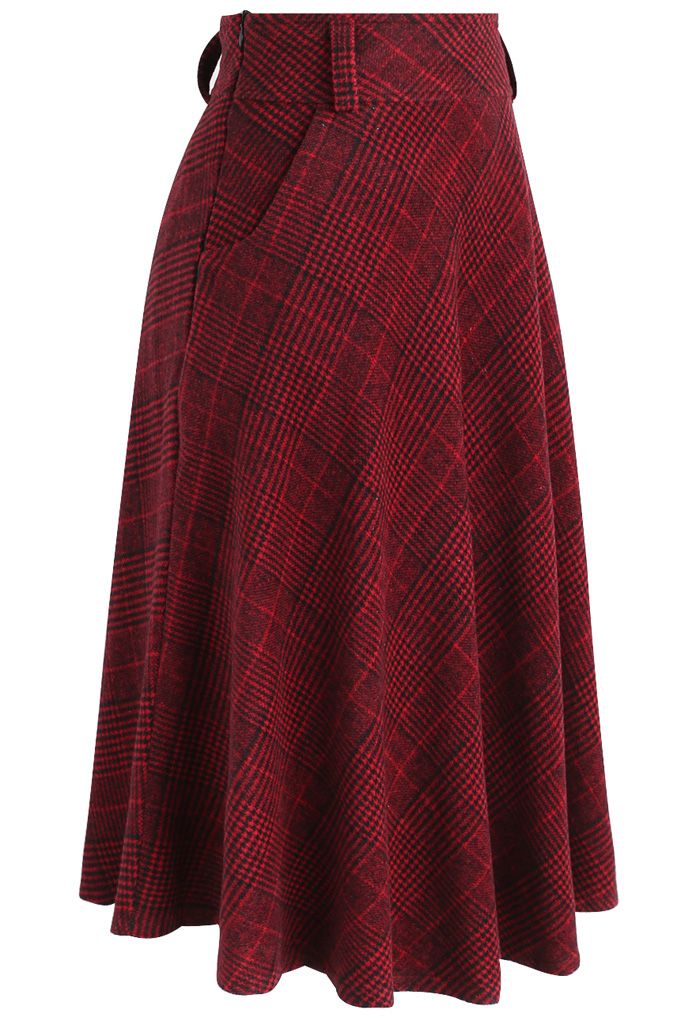 Jupe trapèze en laine mélangée à carreaux motif pied de poule - Rouge