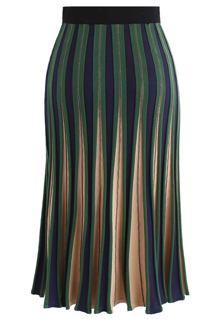 Jupe trapèze tricotée rayée rayée en vert