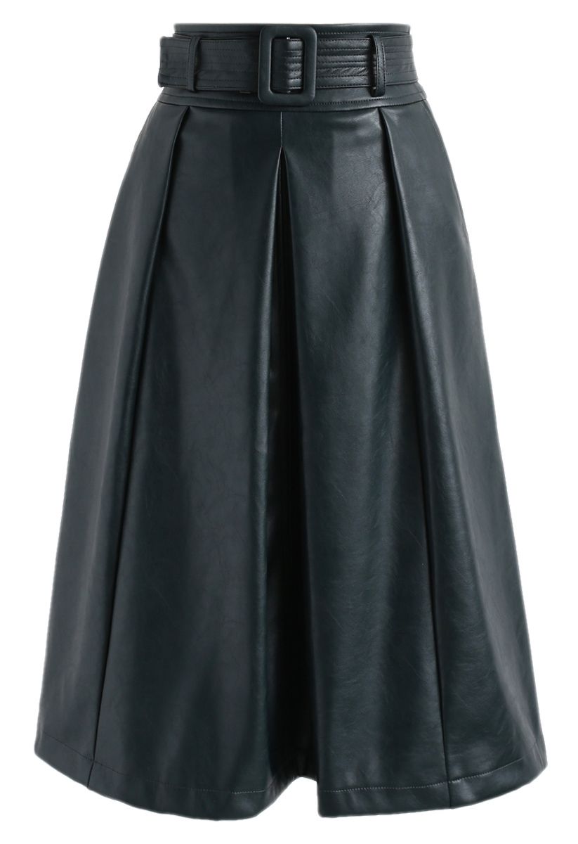 Go Get Style Belted Faux Leather A-Line Skirt in Dark Green