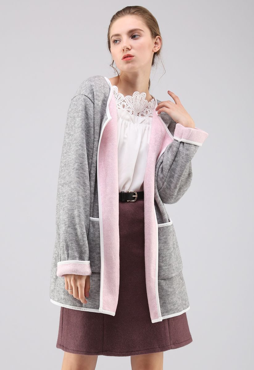 Manteau en tricot à devant ouvert et contraste contrastant gris