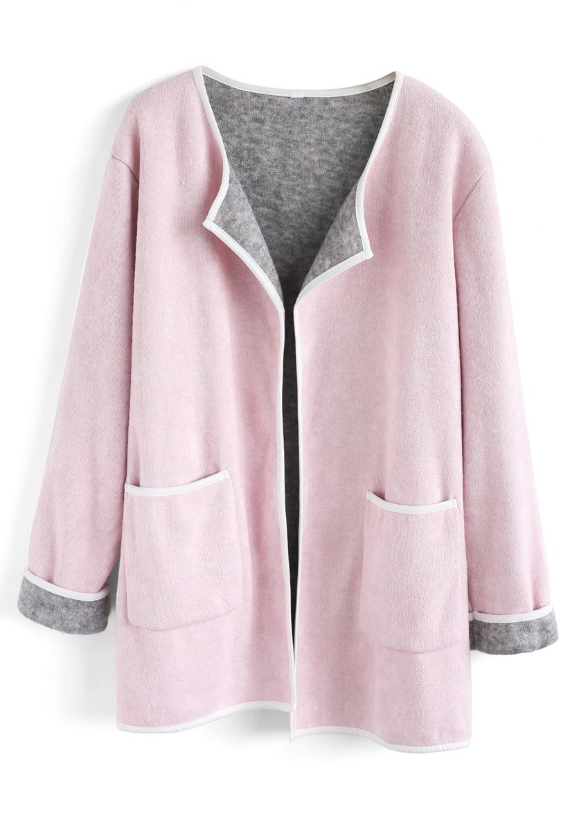 Manteau tricoté devant contrastant et confortable en rose