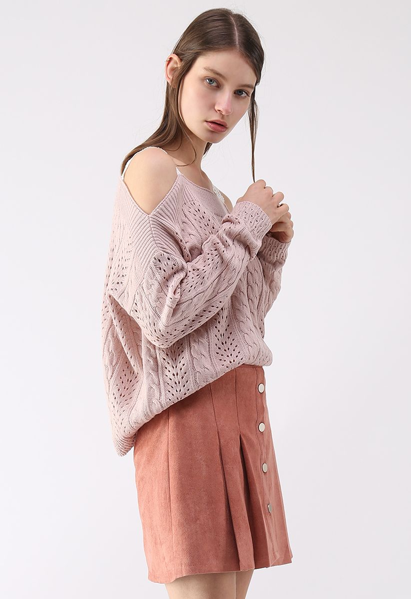 Pull en tricot torsadé à épaules dénudées et adorable, rose