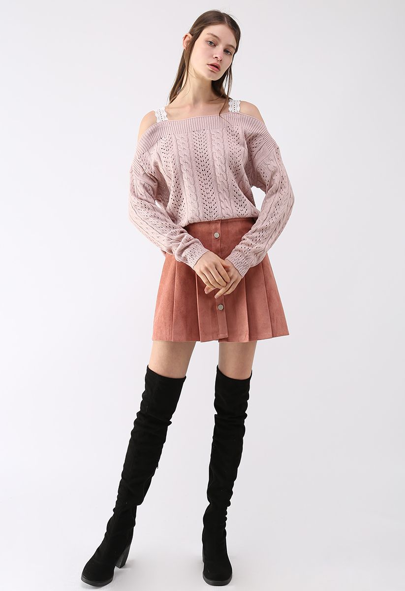 Pull en tricot torsadé à épaules dénudées et adorable, rose