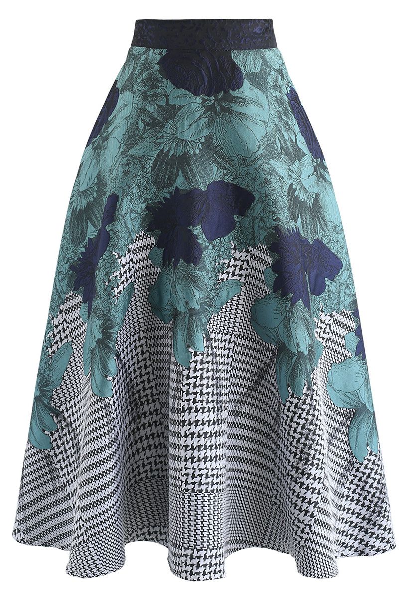 Jupe mi-longue gaufrée jacquard turquoise