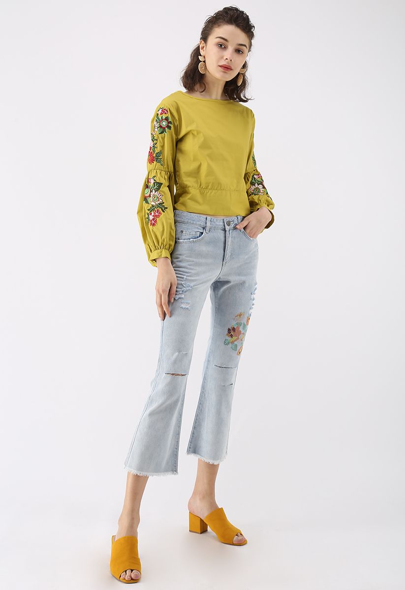 Floral Cross-Stitch Ripped Cropped Flare-Leg Jeans