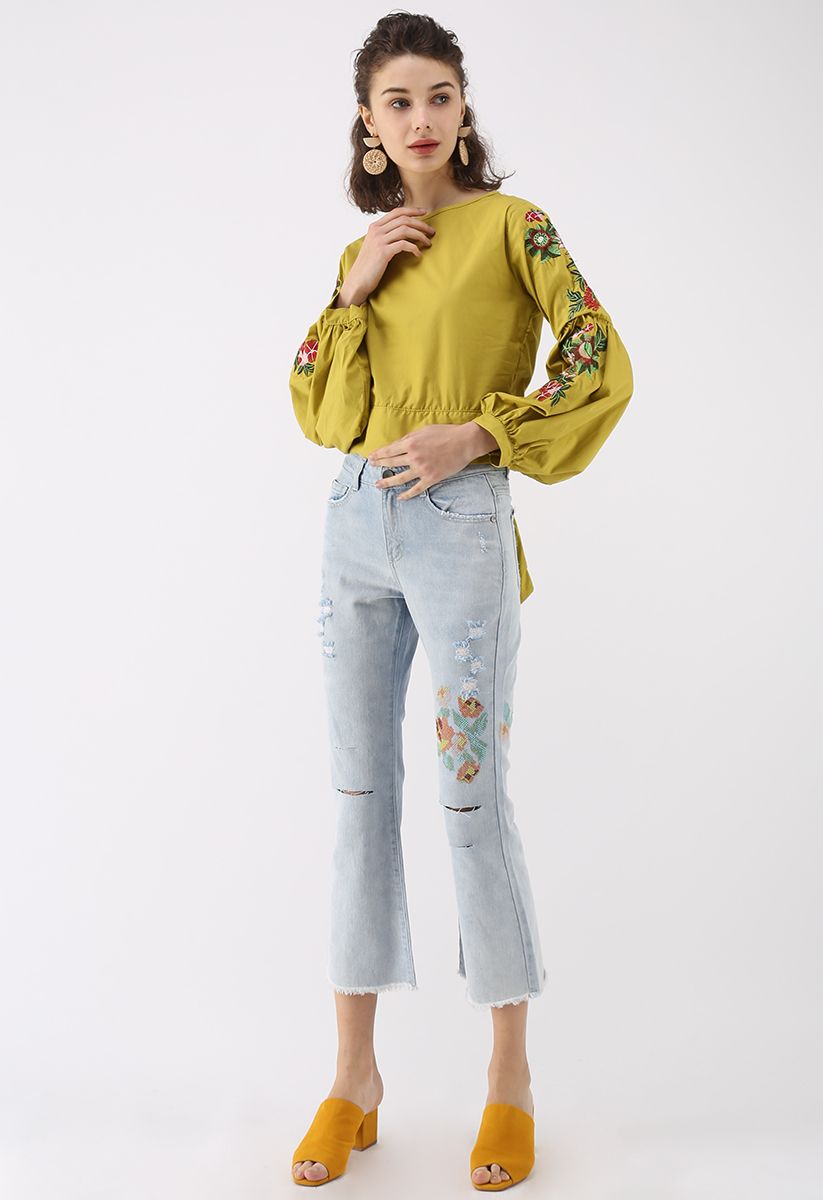 Floral Cross-Stitch Ripped Cropped Flare-Leg Jeans