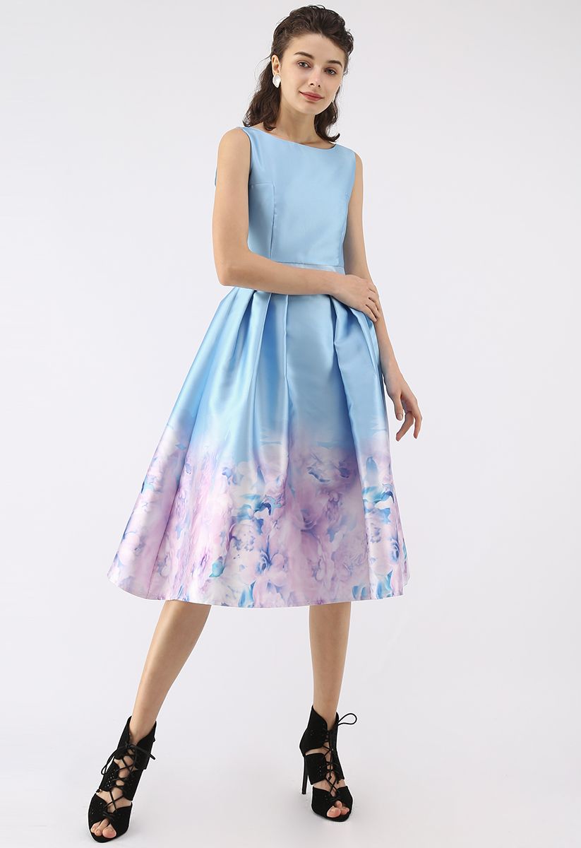 Flower Glamour Printed Dress in Blue