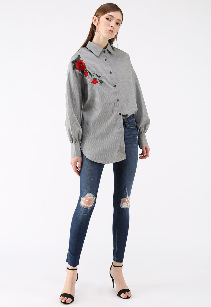 Chemise oversize à motif floral fantaisie à carreaux
