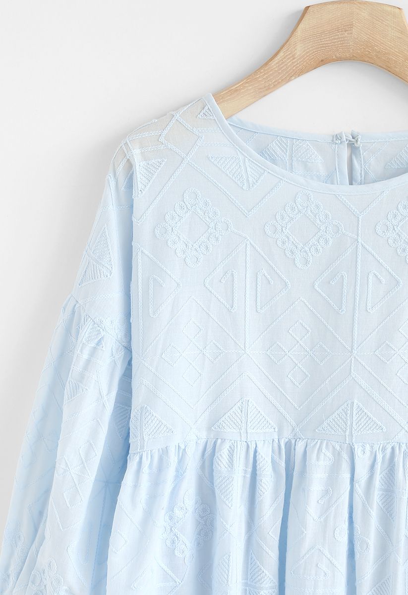 Boho Maze Embroidered Dolly Top in Blue