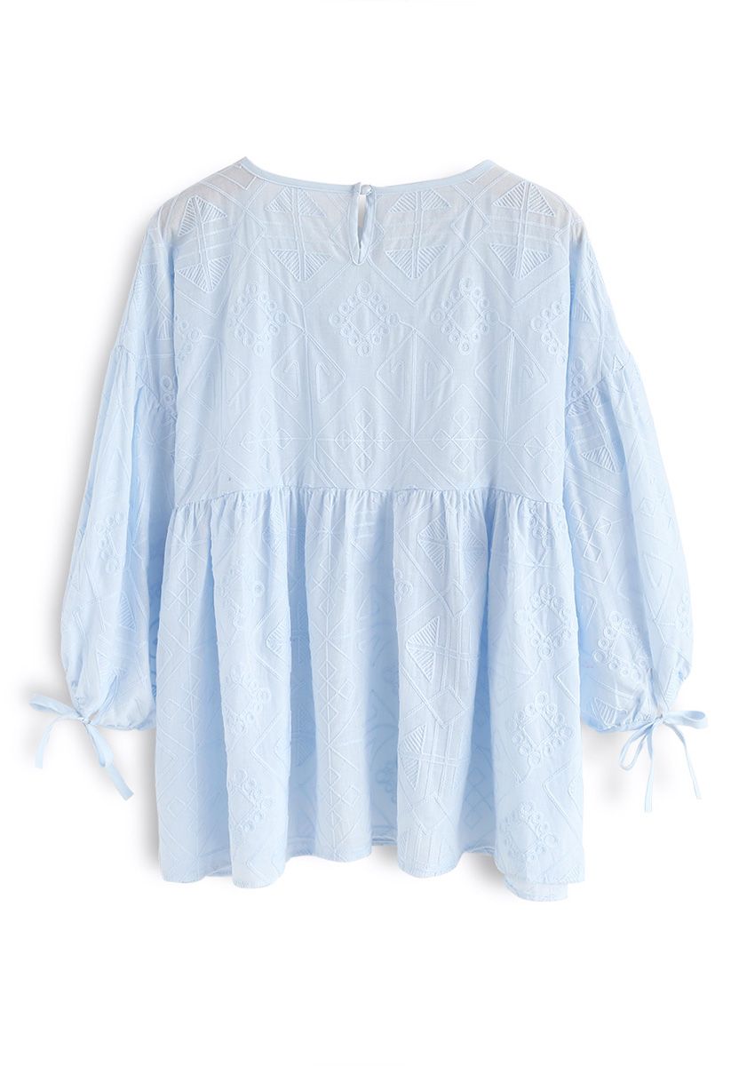 Boho Maze Embroidered Dolly Top in Blue