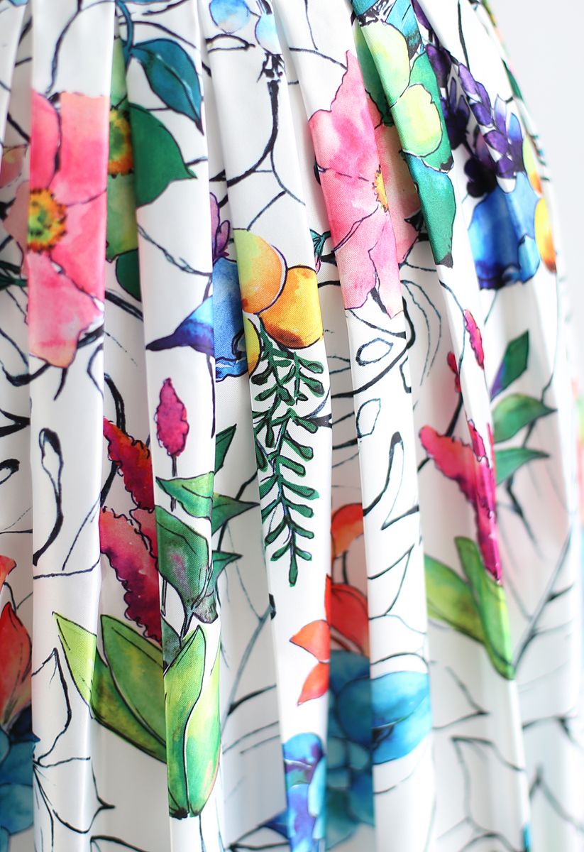 Jupe mi-longue imprimée aquarelle à fleurs tropicales