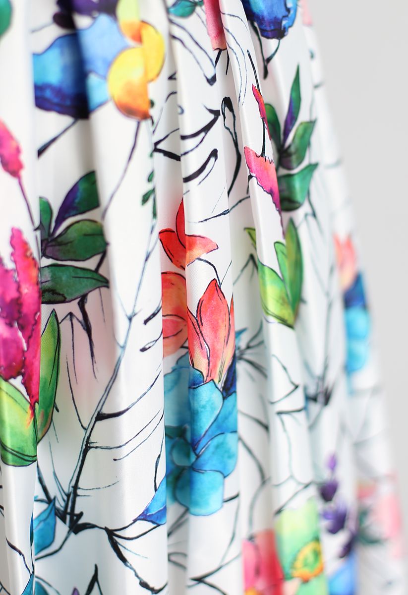 Jupe mi-longue imprimée aquarelle à fleurs tropicales