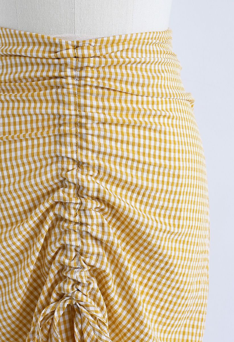 Drawing String Asymmetric Gingham Pencil Skirt in Yellow
