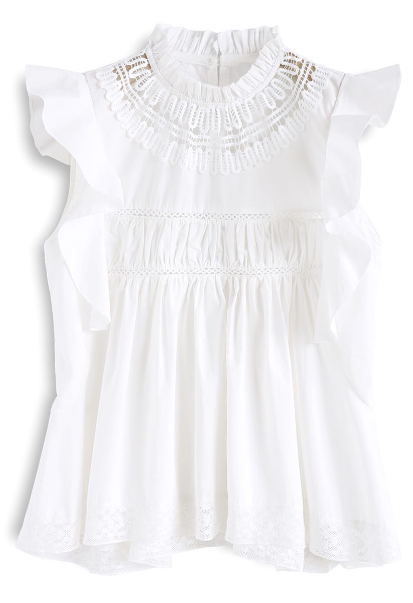 Lovely And Ruffly White Top with Crochet Insert