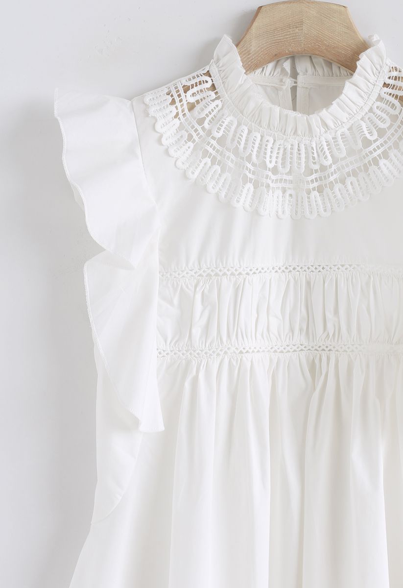Lovely And Ruffly White Top with Crochet Insert
