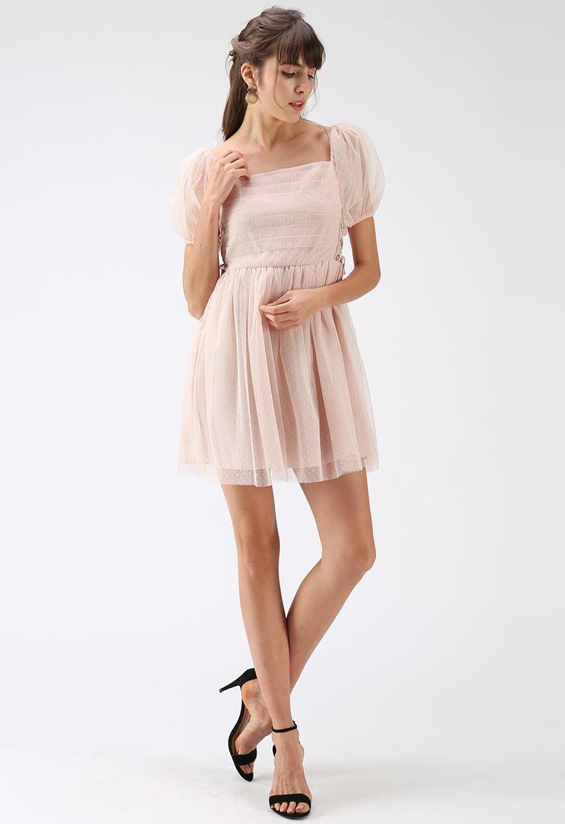 Enliven Your Dressing Lace-Up Dots Dress Mesh in Pink