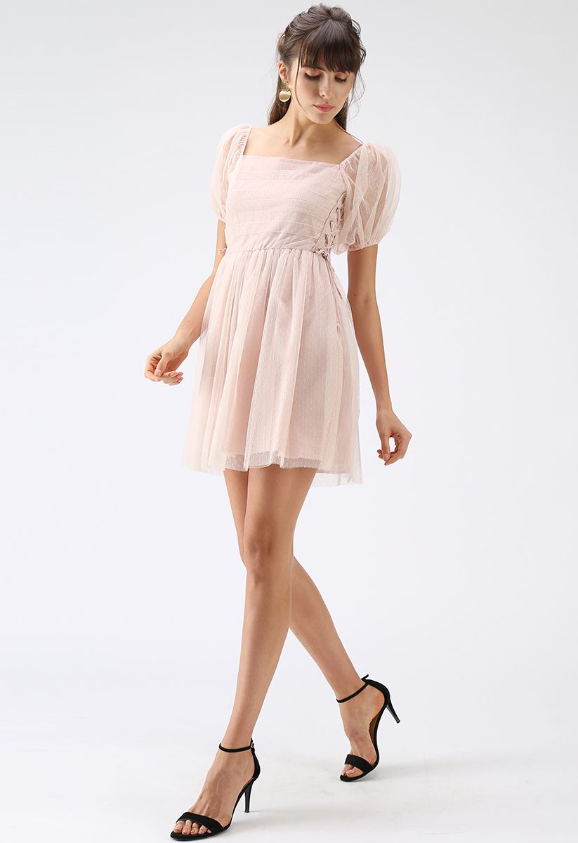Enliven Your Dressing Lace-Up Dots Dress Mesh in Pink