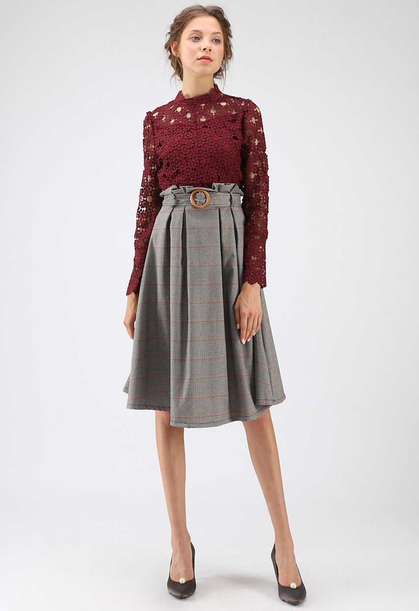 Wannabe Belted Houndstooth A-Line Skirt
