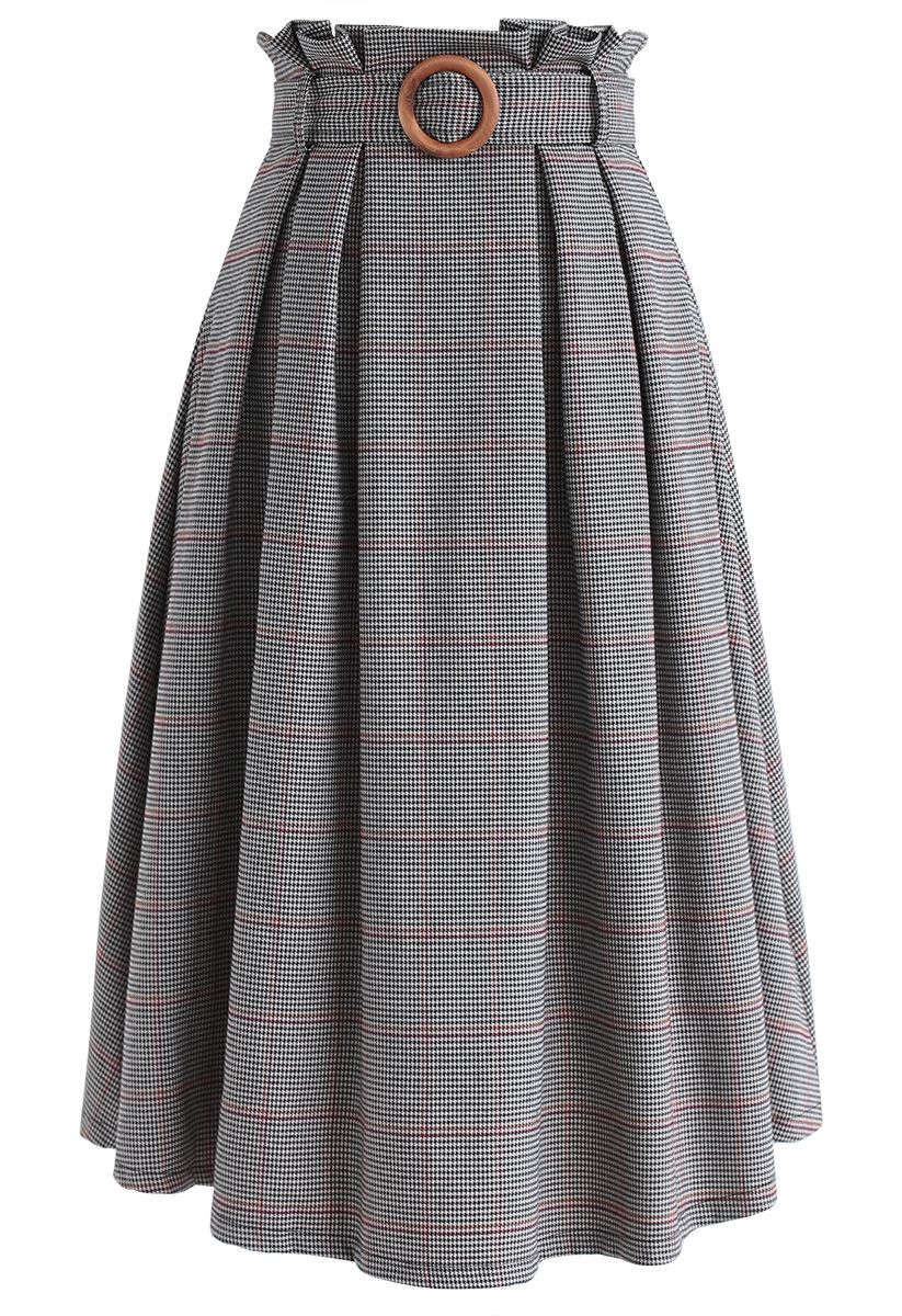Wannabe Belted Houndstooth A-Line Skirt