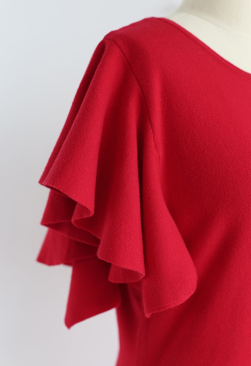 Out of Ordinary - Robe en maille droite à volants en rouge