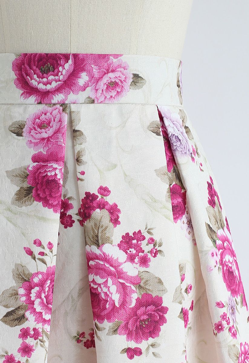 Jupe mi-longue plissée à fleurs vintage de couleur crème