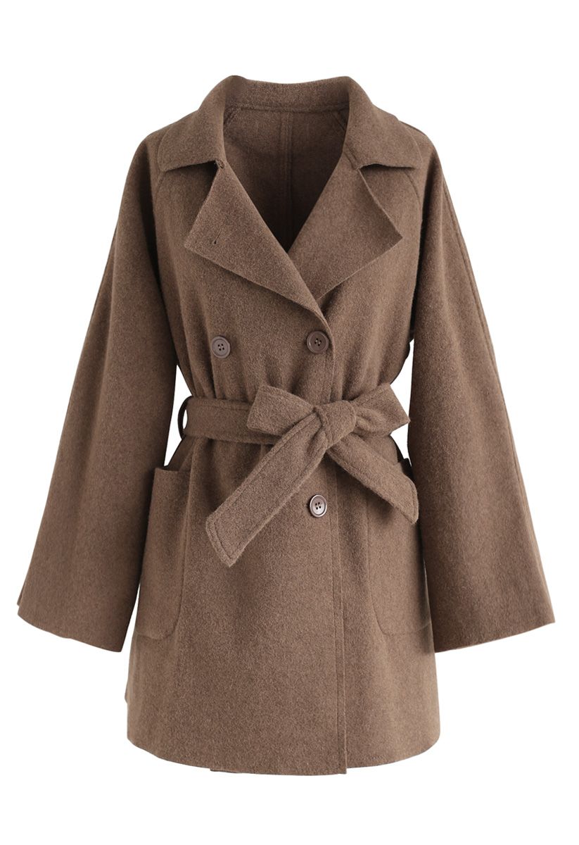 Manteau en mélange de laine à double boutonnage poivre et prêt, brun