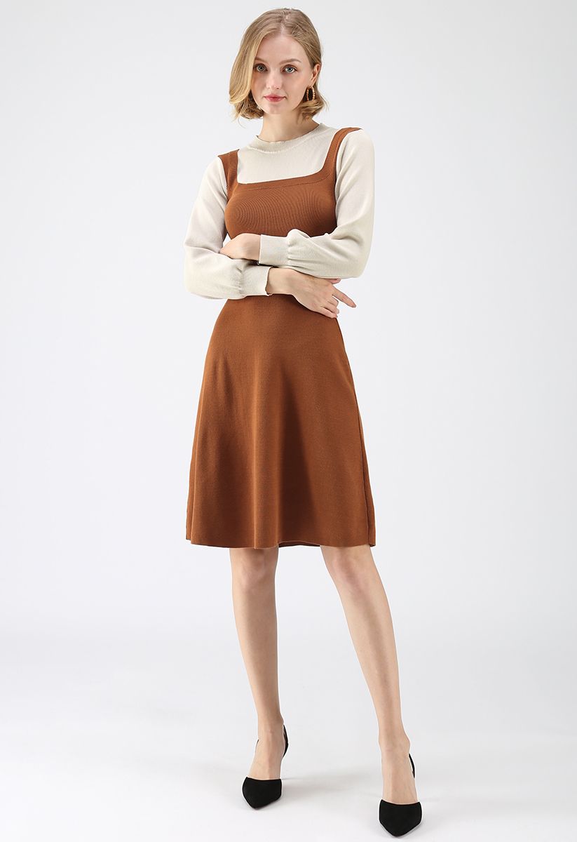 Fausse robe tricotée bicolore en imitation identité élégante au caramel