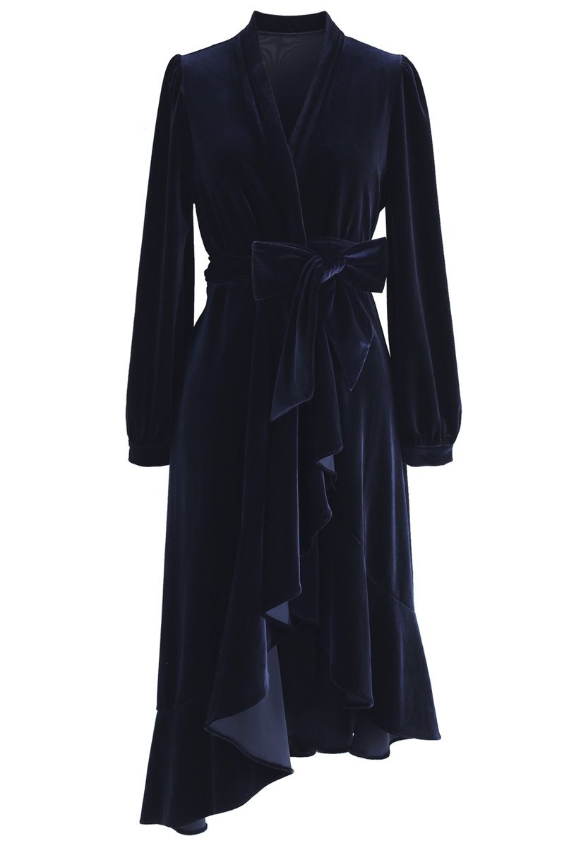 Robe Velours Cache-Coeur Asymétrique Bleu Nuit