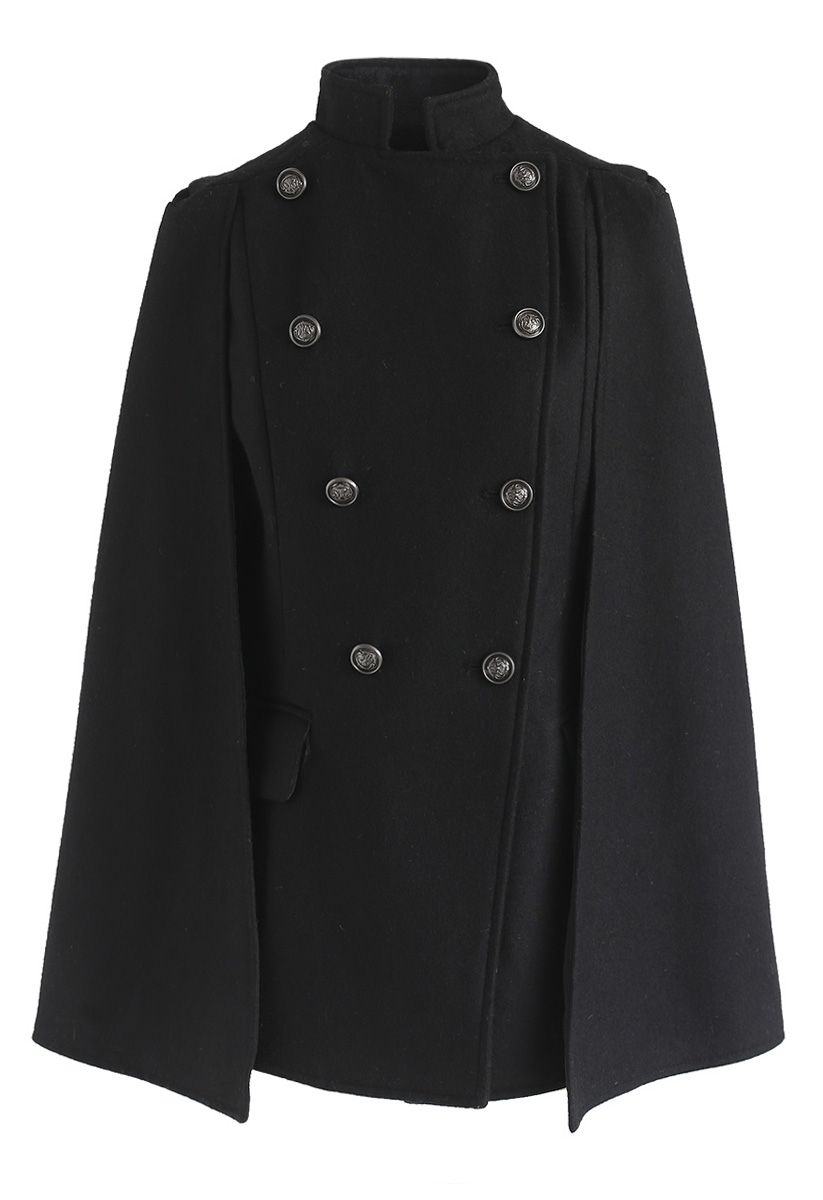 Manteau de cape à double boutonnage Royal Elegance en noir