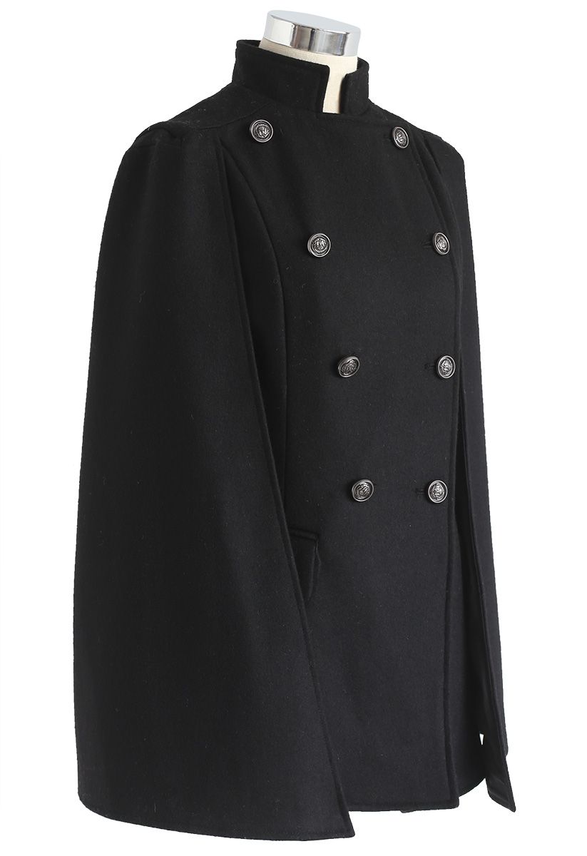 Manteau de cape à double boutonnage Royal Elegance en noir