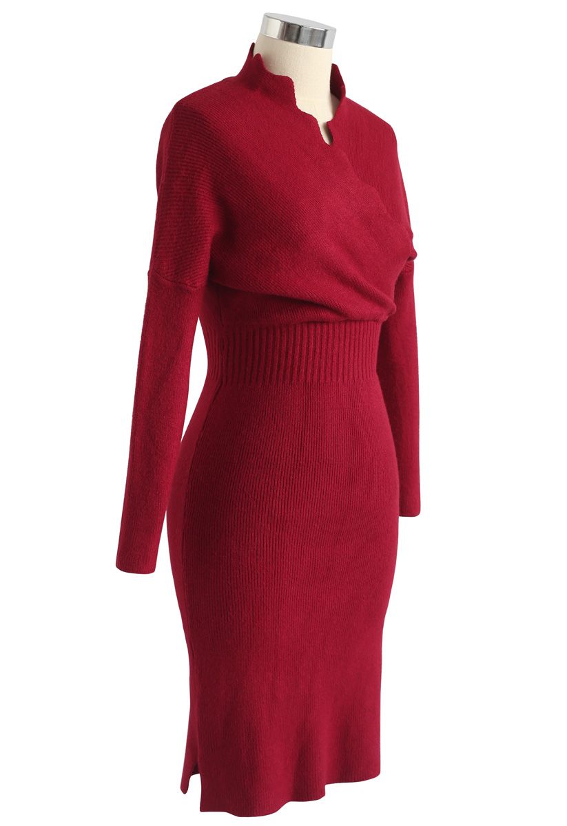 L'heure du café Wavy Wrap Knit Dress in Red