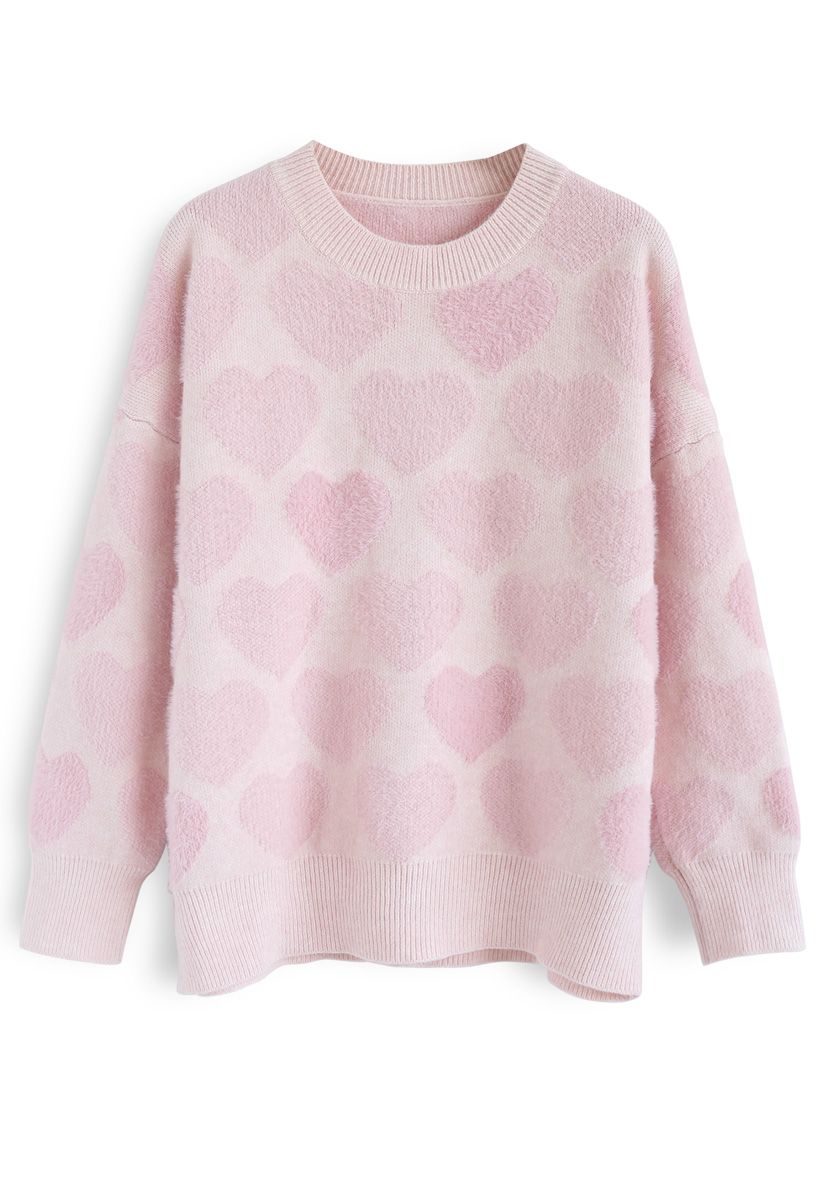 Pull Fuzzy Hearts en Tricot Rose