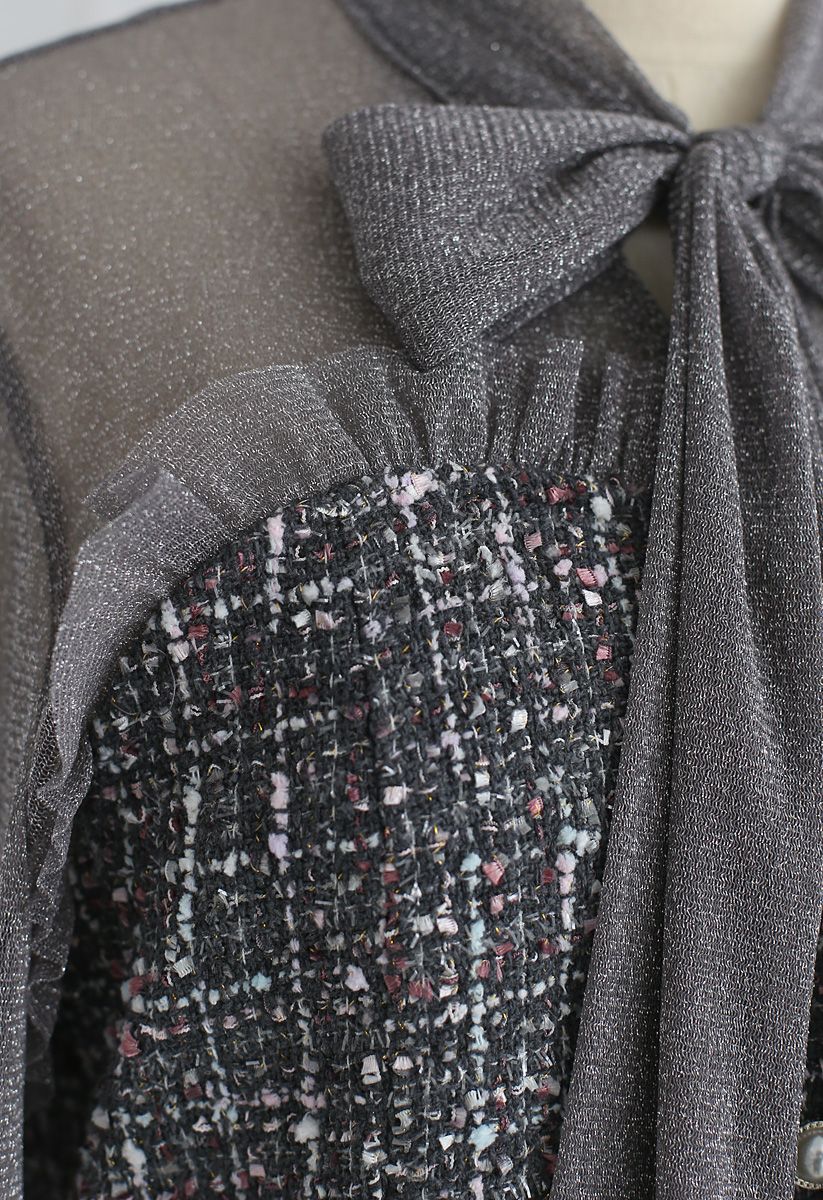 Robe scintillante en tweed à nœud papillon en gris