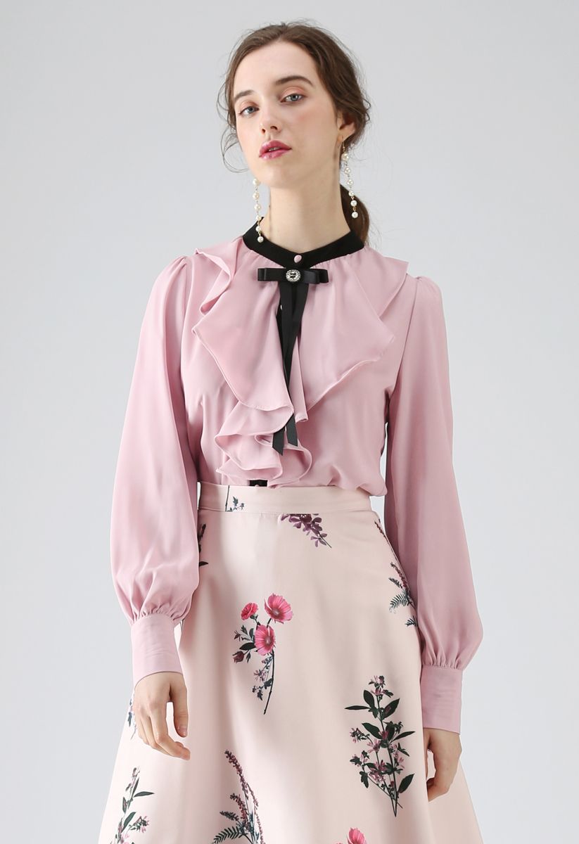 Glamour of Bowknot Ruffle Top en mousseline de soie en rose