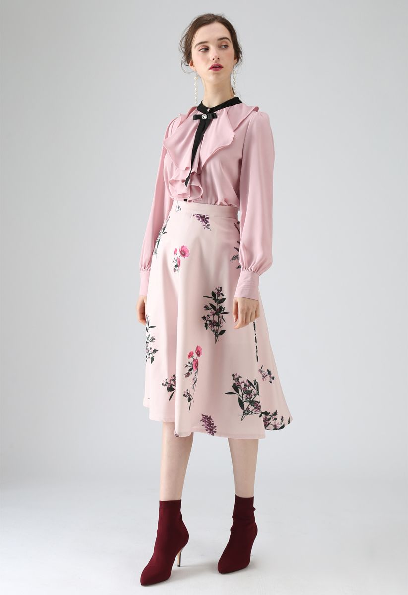 Glamour of Bowknot Ruffle Top en mousseline de soie en rose