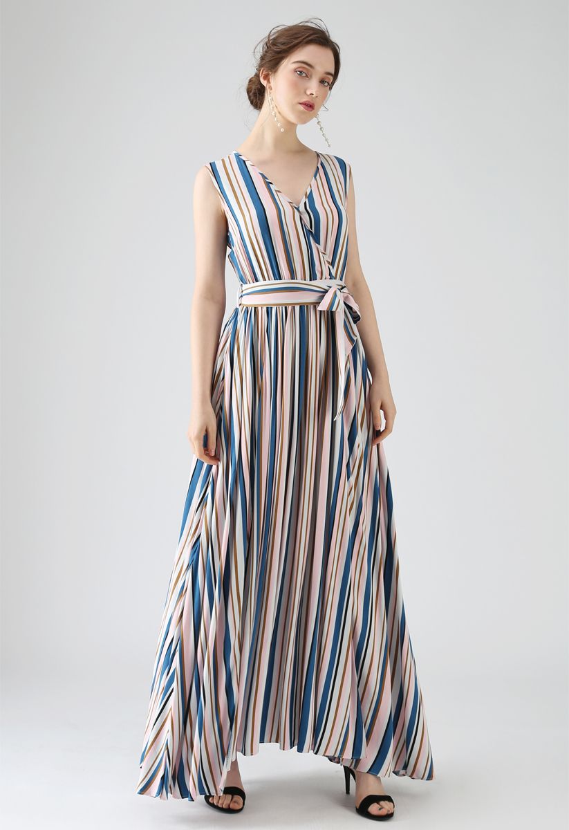 Elegance Keeper Stripes - Robe longue à col en V et rose