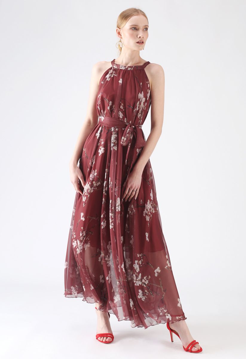 Robe longue aquarelle à fleurs de prunier – couleur bordeaux