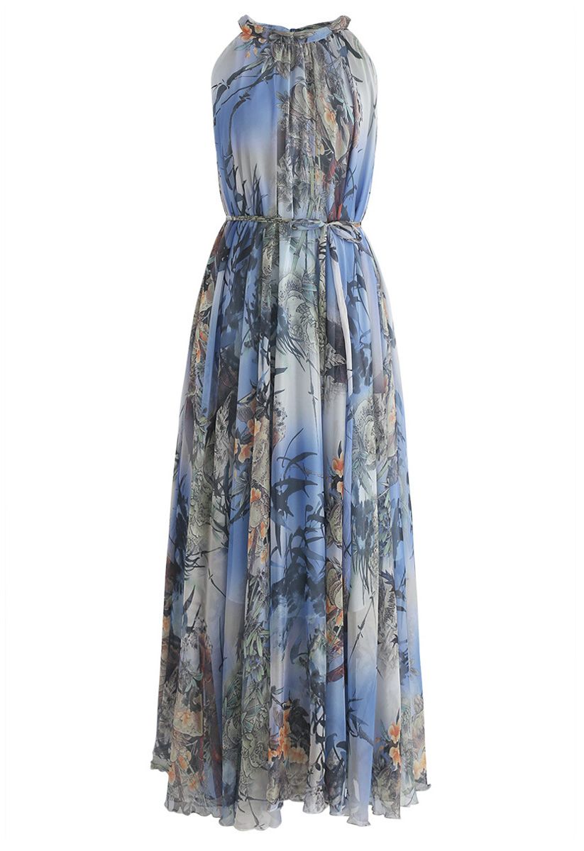 Bambou Aquarelle Maxi Slip Dress in Blue