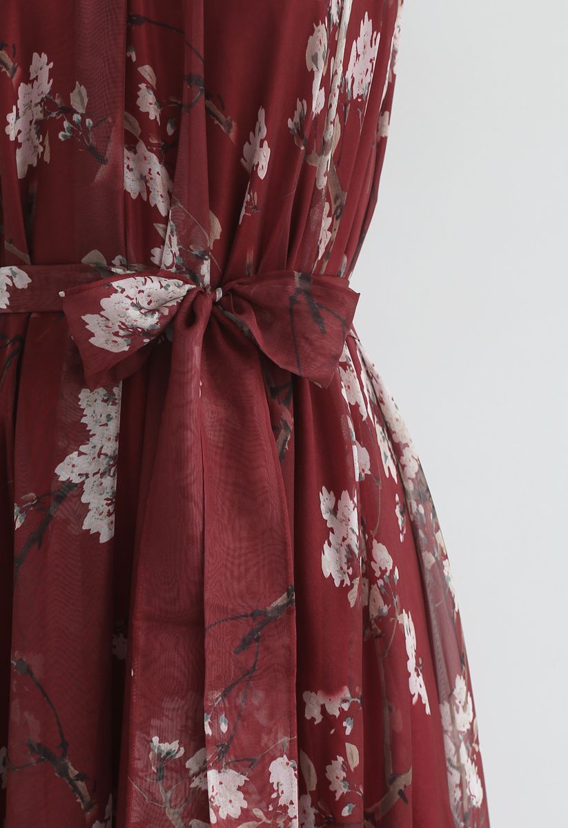 Robe longue aquarelle à fleurs de prunier – couleur bordeaux