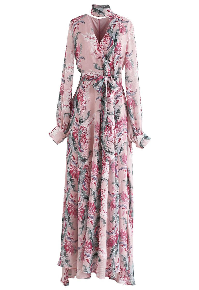 Robe longue en mousseline de soie florale en rose
