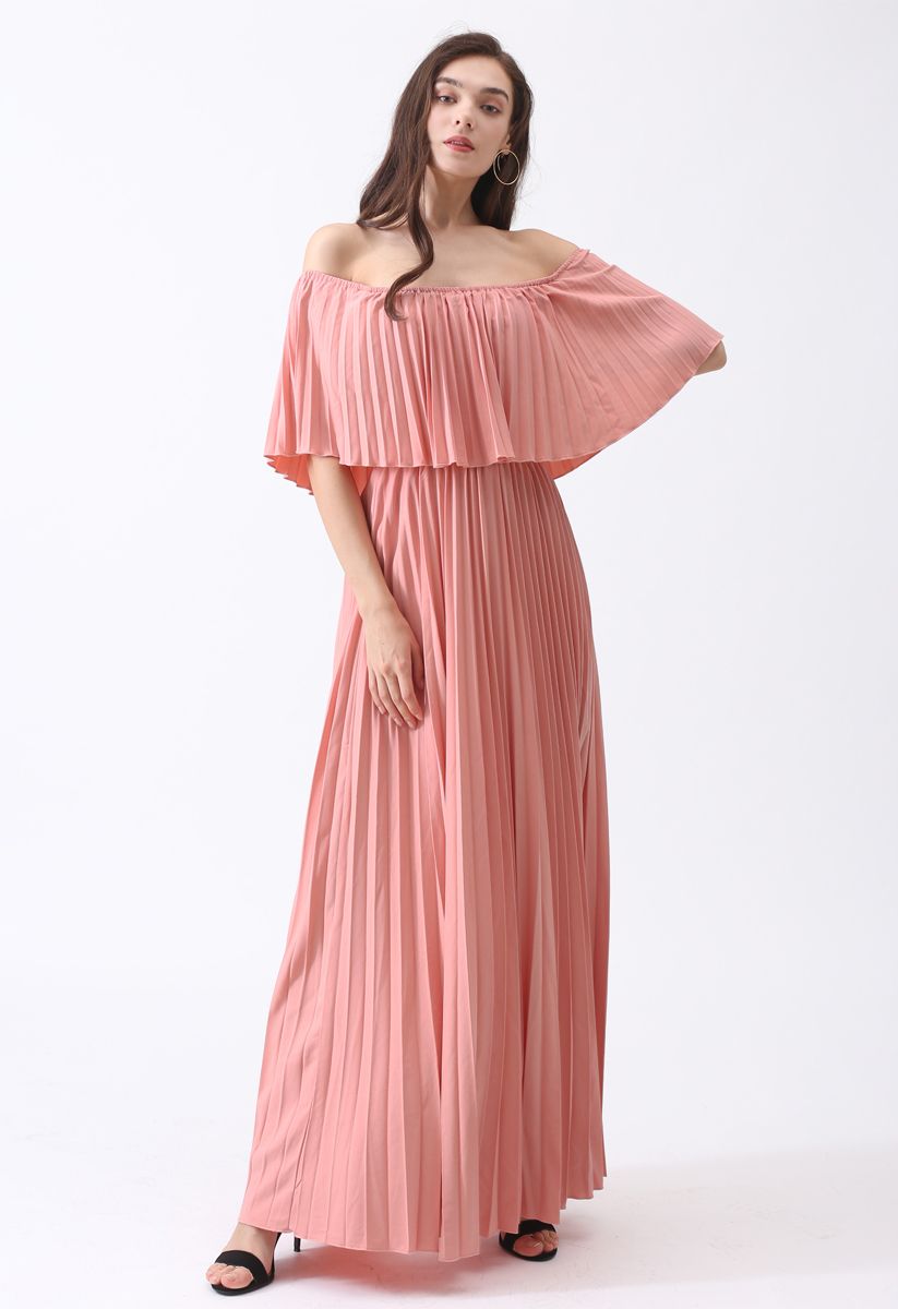 Robe longue plissée à épaule dénudée – couleur rose