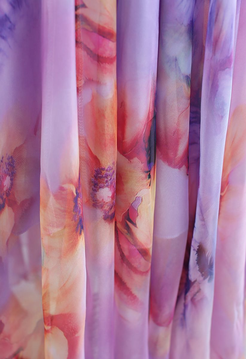 Jupe longue à fleurs aquarelle en lilas