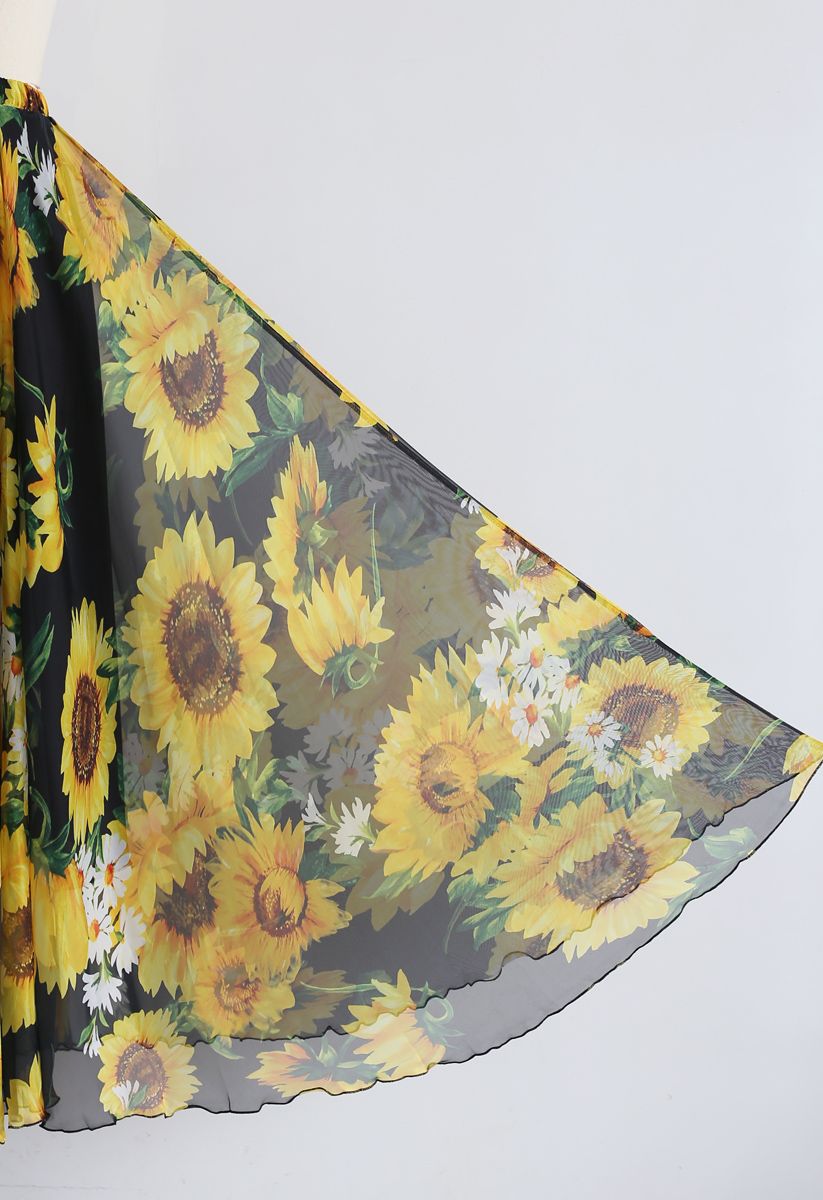Floral Sunflower Aquarelle Maxi Jupe en Noir