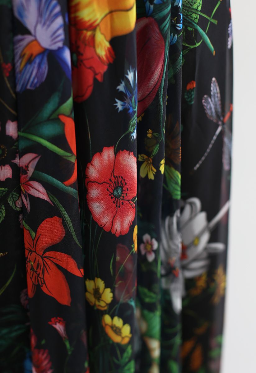 Jupe longue aquarelle à fleurs tropicales en noir